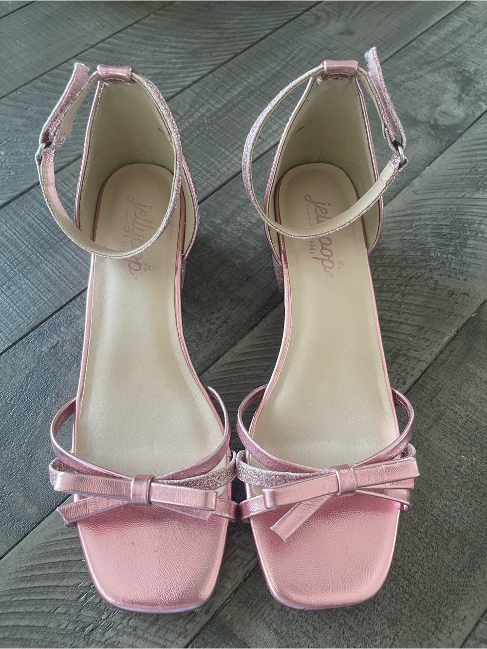 Jellypop Girls Metallic Glitter Pink Bow Ankle-Strap Sandals